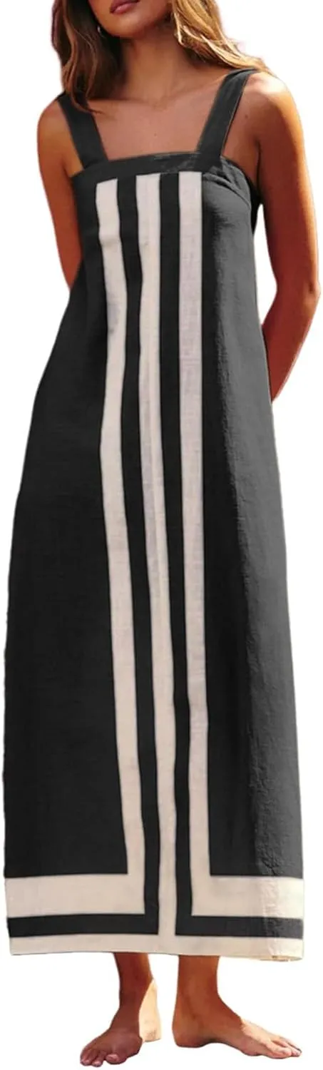 Linen Dresses for Women 2025 Color Block Summer Sun Dresses Beach Vacation Sleeveless Spaghetti Strap Maxi Dress