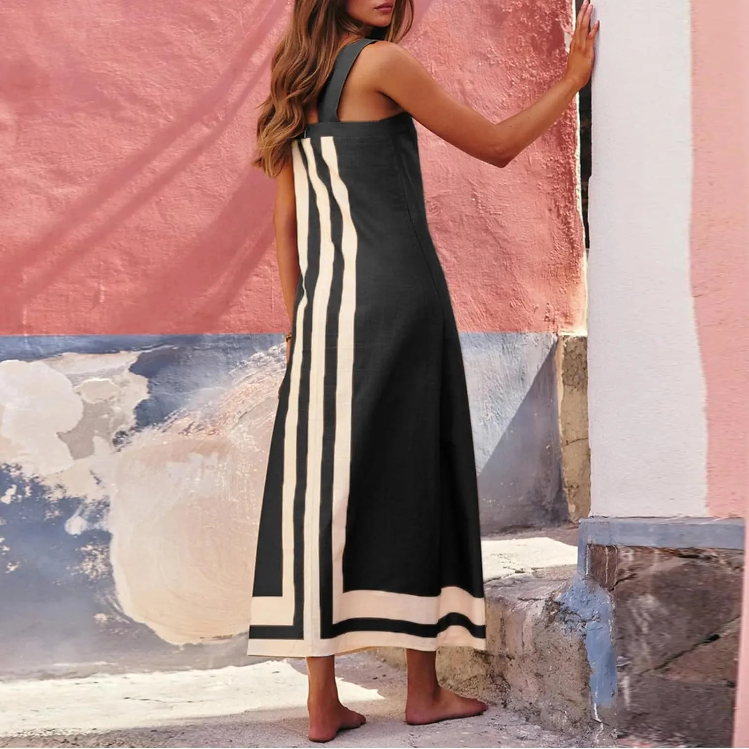 Linen Dresses for Women 2025 Color Block Summer Sun Dresses Beach Vacation Sleeveless Spaghetti Strap Maxi Dress