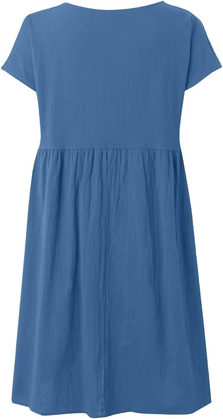Linen Dresses for Women Casual Midi Elegant Dresses Plus Size Short Sleeves Dress Sundress with Pockets 2025 Summer