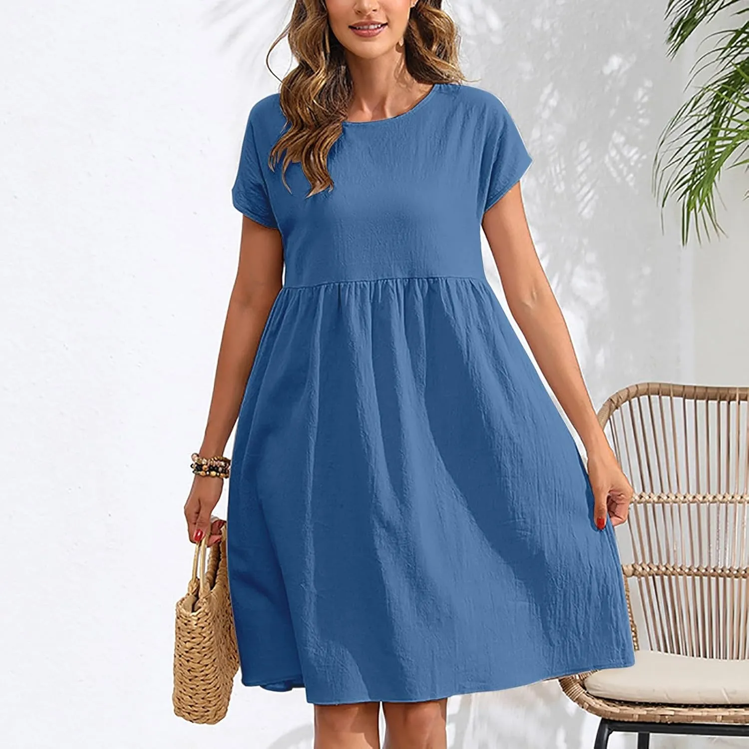 Linen Dresses for Women Casual Midi Elegant Dresses Plus Size Short Sleeves Dress Sundress with Pockets 2025 Summer