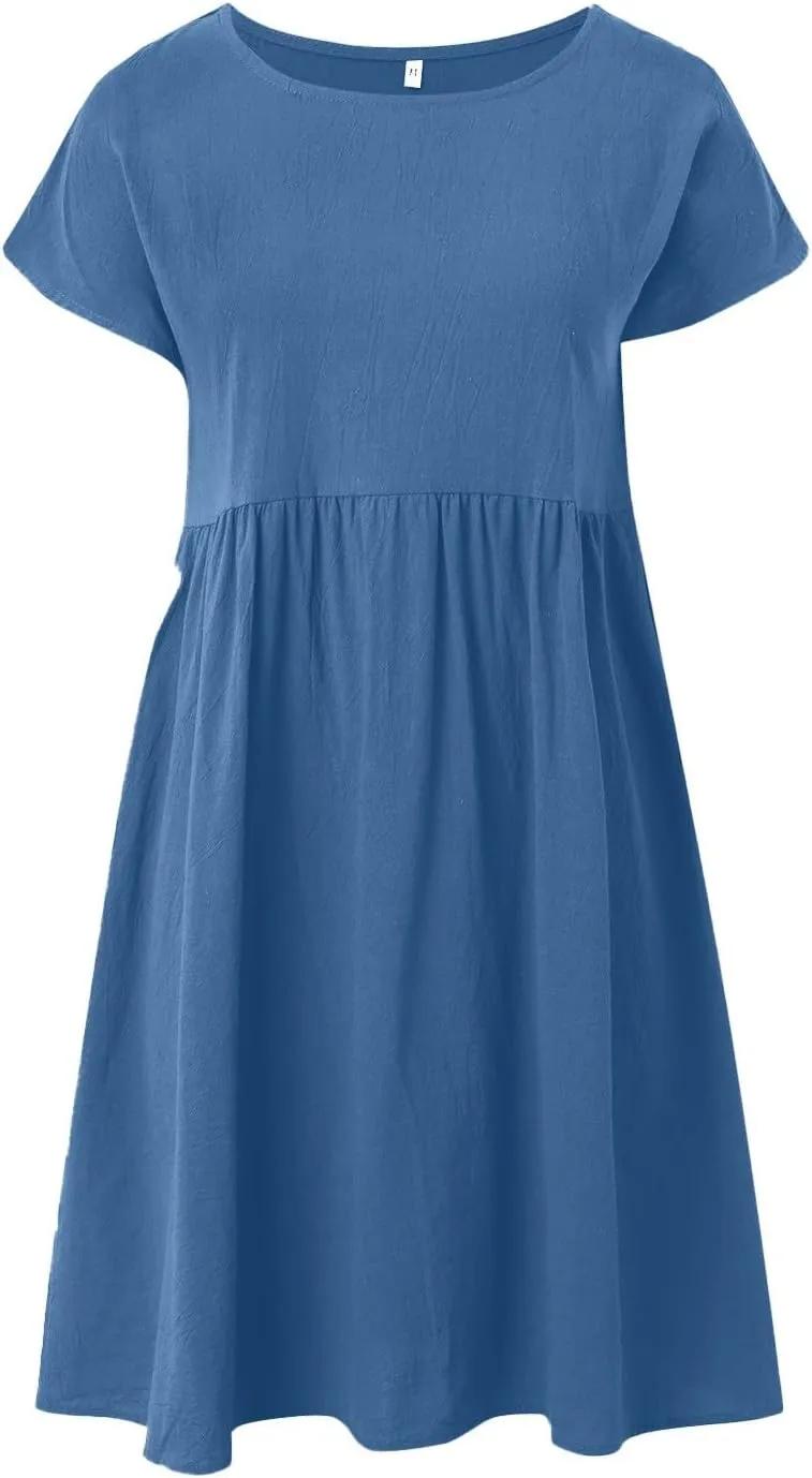 Linen Dresses for Women Casual Midi Elegant Dresses Plus Size Short Sleeves Dress Sundress with Pockets 2025 Summer