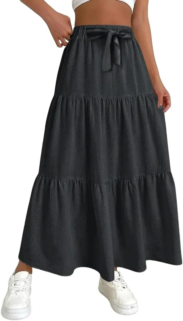 Linen Maxi Skirts for Women 2025 Summer Boho Long Flowy Skirt Bow Tie Elastic Waist Tiered Swing Pleated A Line Skirt