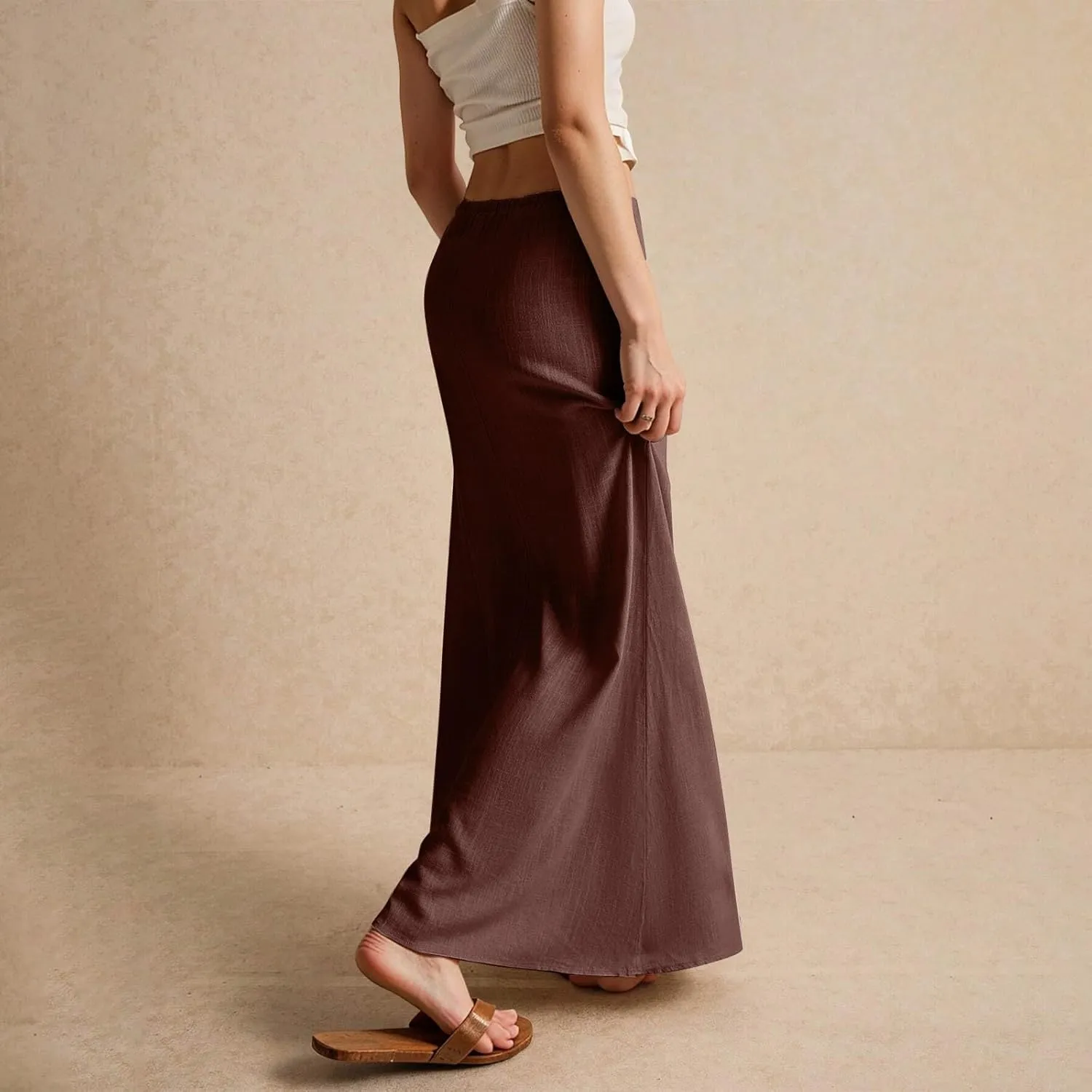 Linen Maxi Skirts for Women 2025 Summer Drawstring High Waisted Pencil Long Skirt Trendy Business Casual Outfits