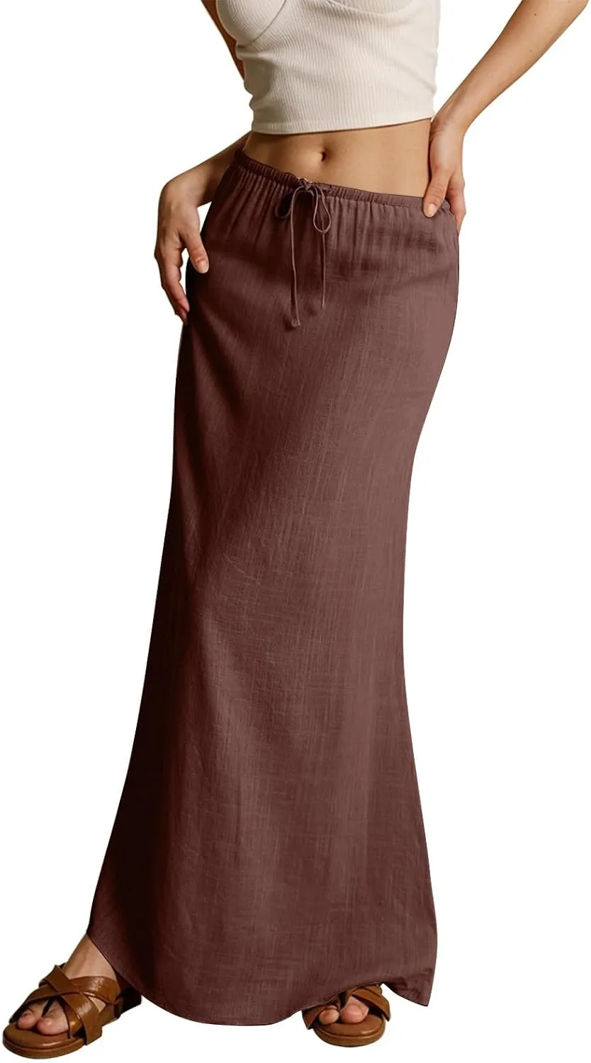 Linen Maxi Skirts for Women 2025 Summer Drawstring High Waisted Pencil Long Skirt Trendy Business Casual Outfits