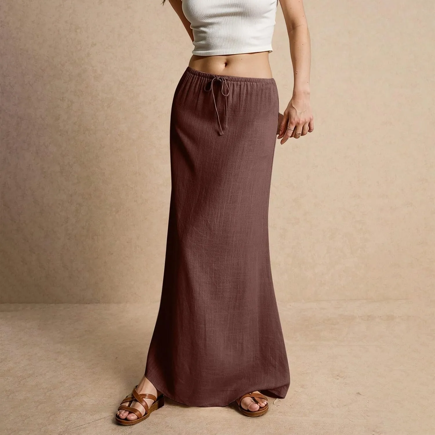 Linen Maxi Skirts for Women 2025 Summer Drawstring High Waisted Pencil Long Skirt Trendy Business Casual Outfits