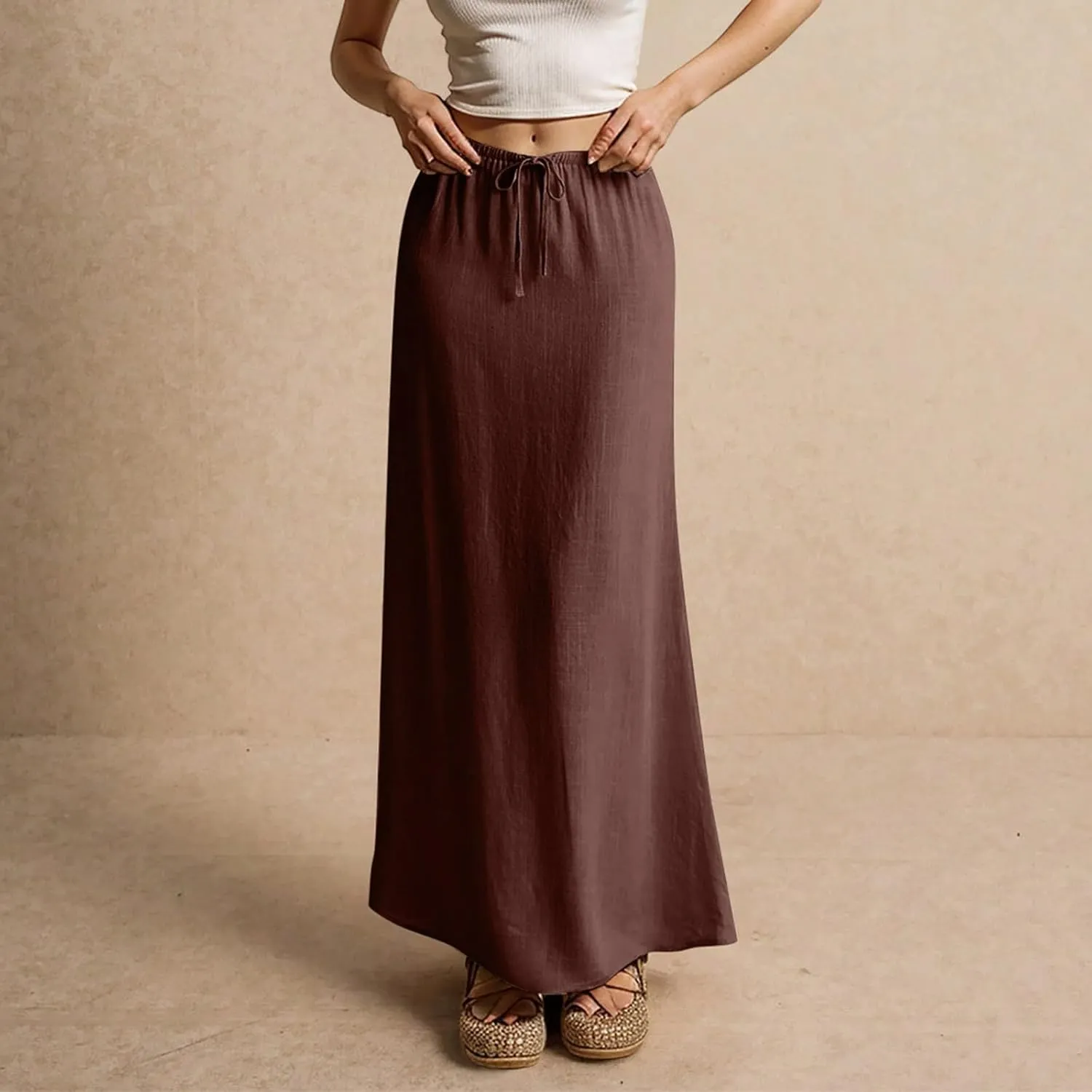 Linen Maxi Skirts for Women 2025 Summer Drawstring High Waisted Pencil Long Skirt Trendy Business Casual Outfits