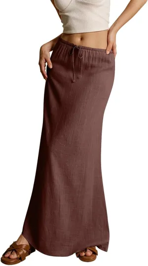 Linen Maxi Skirts for Women 2025 Summer Drawstring High Waisted Pencil Long Skirt Trendy Business Casual Outfits