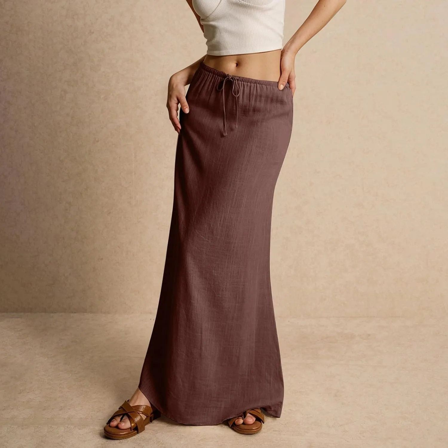 Linen Maxi Skirts for Women 2025 Summer Drawstring High Waisted Pencil Long Skirt Trendy Business Casual Outfits