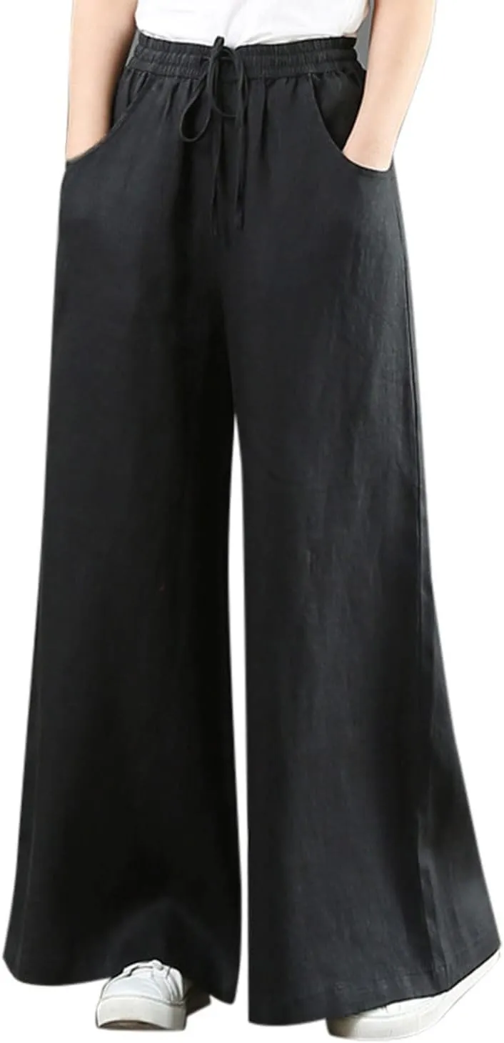 Linen Pants for Women Casual Loose Fit Flowy Wide Leg Pants Stretchy Straight Summer Beach Vacation Trousers with Pockets