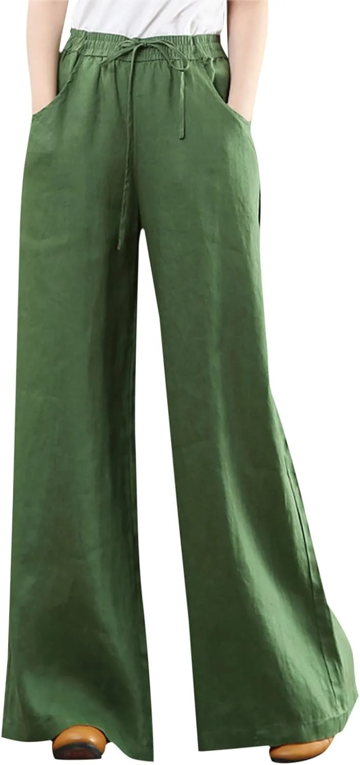 Linen Pants for Women Casual Loose Fit Flowy Wide Leg Pants Stretchy Straight Summer Beach Vacation Trousers with Pockets