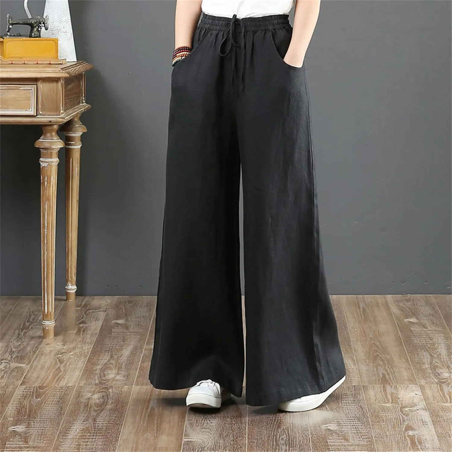 Linen Pants for Women Casual Loose Fit Flowy Wide Leg Pants Stretchy Straight Summer Beach Vacation Trousers with Pockets