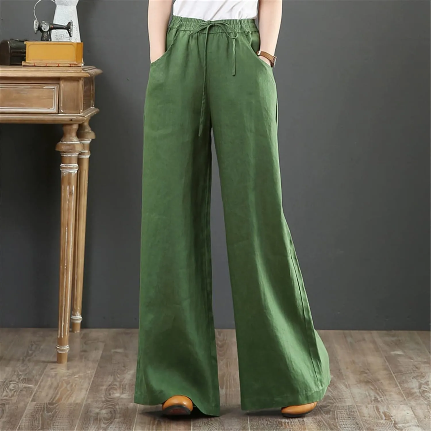 Linen Pants for Women Casual Loose Fit Flowy Wide Leg Pants Stretchy Straight Summer Beach Vacation Trousers with Pockets