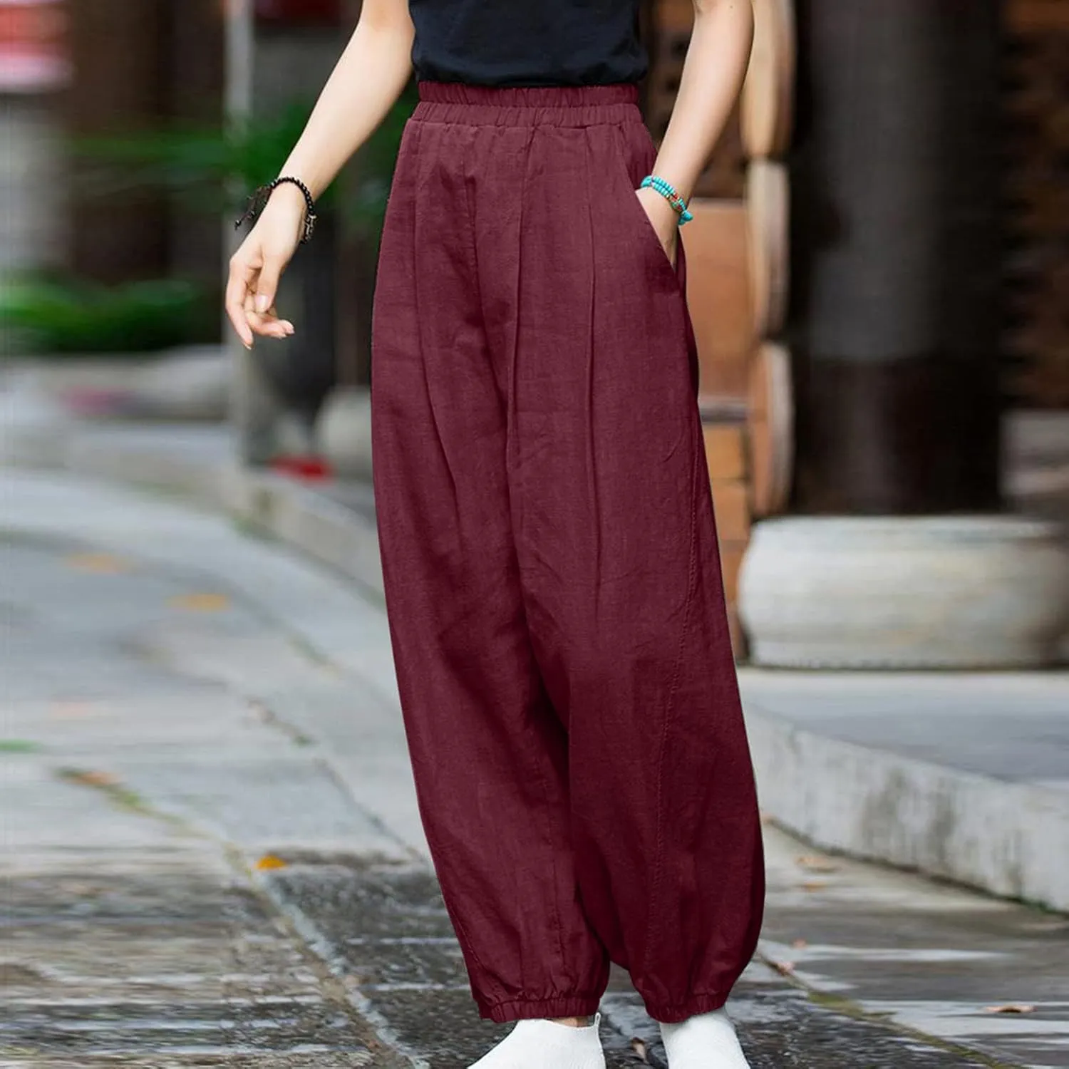 Linen Pants for Women Casual Relaxed Fit Elastic High Waist Cinch Bottom Pants Lightweight Comfy Trousers with Pocket