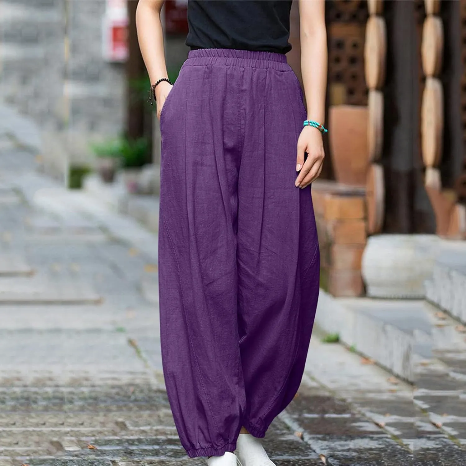 Linen Pants for Women Casual Relaxed Fit Elastic High Waist Cinch Bottom Pants Lightweight Comfy Trousers with Pocket