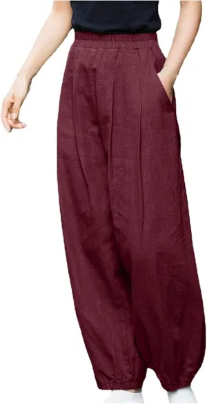 Linen Pants for Women Casual Relaxed Fit Elastic High Waist Cinch Bottom Pants Lightweight Comfy Trousers with Pocket