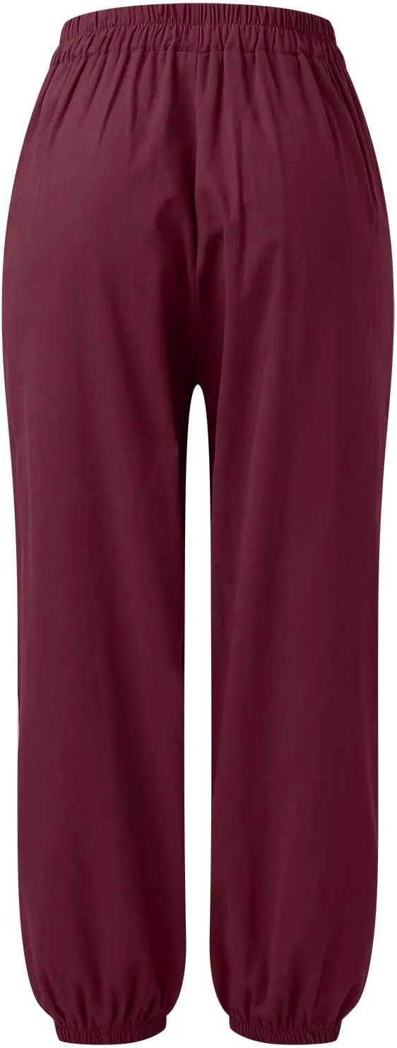 Linen Pants for Women Casual Relaxed Fit Elastic High Waist Cinch Bottom Pants Lightweight Comfy Trousers with Pocket