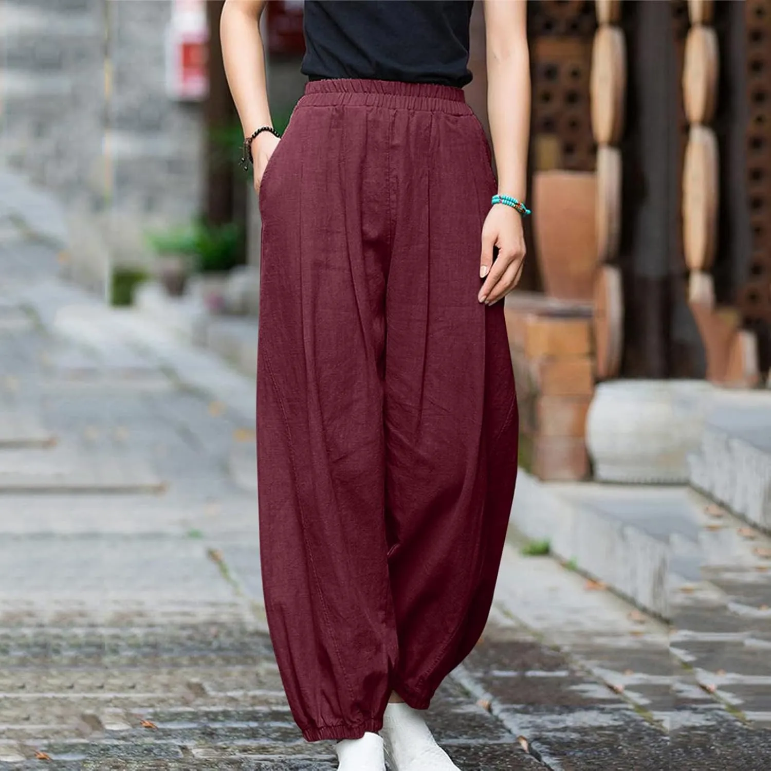 Linen Pants for Women Casual Relaxed Fit Elastic High Waist Cinch Bottom Pants Lightweight Comfy Trousers with Pocket