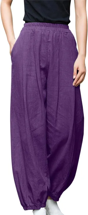 Linen Pants for Women Casual Relaxed Fit Elastic High Waist Cinch Bottom Pants Lightweight Comfy Trousers with Pocket
