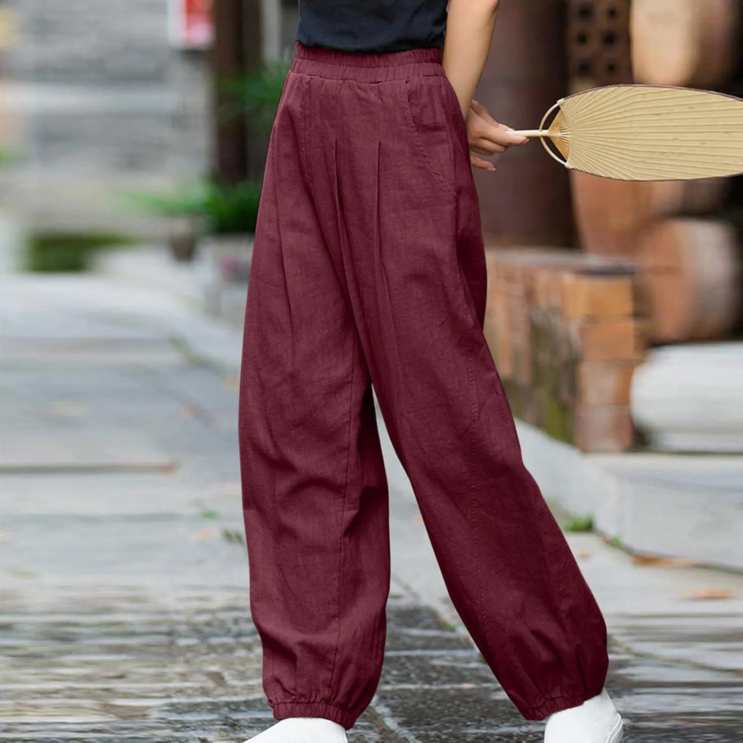 Linen Pants for Women Casual Relaxed Fit Elastic High Waist Cinch Bottom Pants Lightweight Comfy Trousers with Pocket