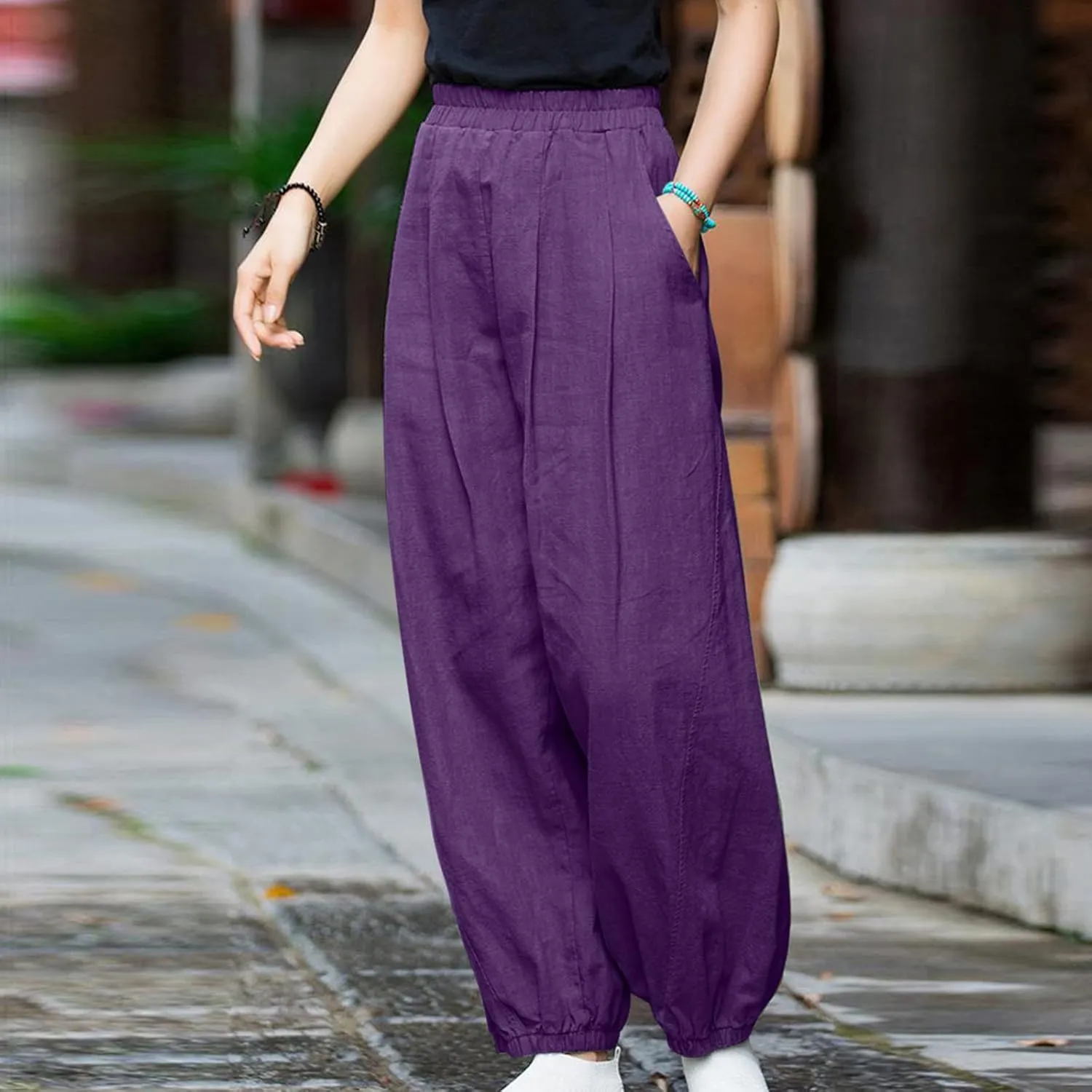 Linen Pants for Women Casual Relaxed Fit Elastic High Waist Cinch Bottom Pants Lightweight Comfy Trousers with Pocket
