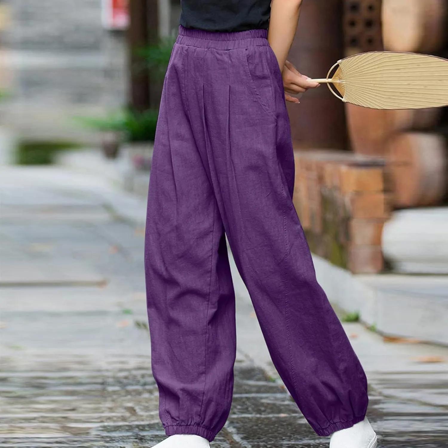 Linen Pants for Women Casual Relaxed Fit Elastic High Waist Cinch Bottom Pants Lightweight Comfy Trousers with Pocket