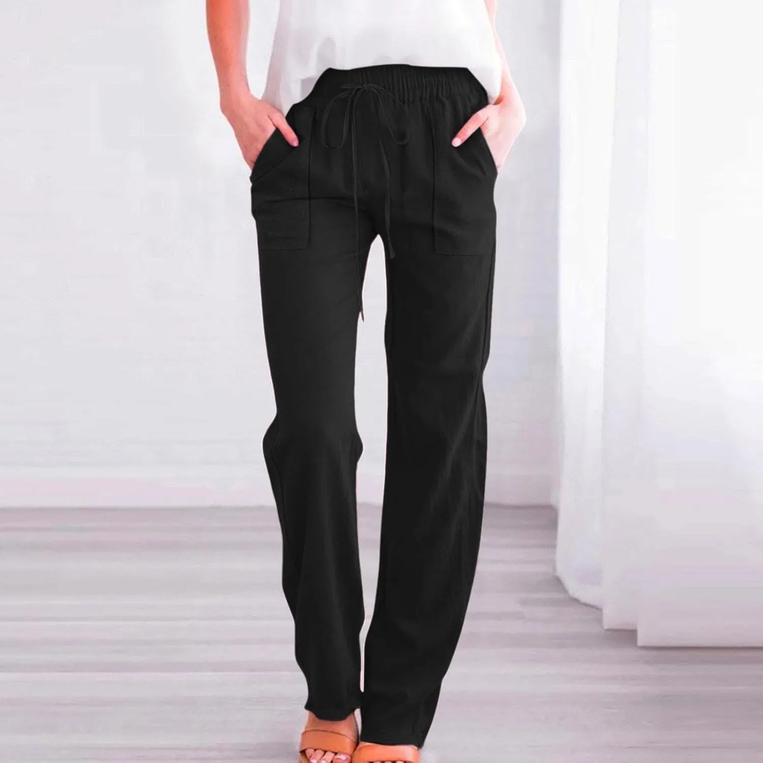 Linen Pants for Women Casual Relaxed Fit Elastic Waist Pant Straight Leg Drawstring Lounge Trousers with Pockets
