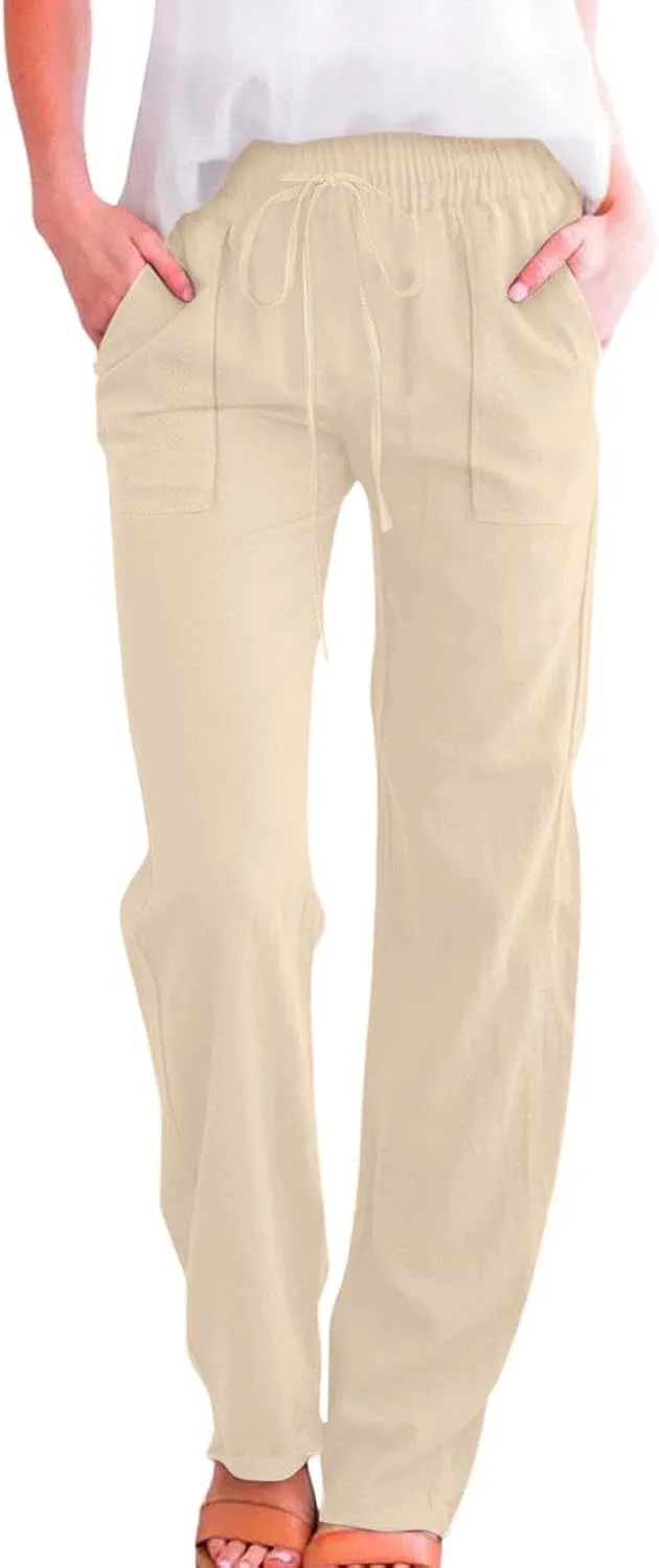 Linen Pants for Women Casual Relaxed Fit Elastic Waist Pant Straight Leg Drawstring Lounge Trousers with Pockets