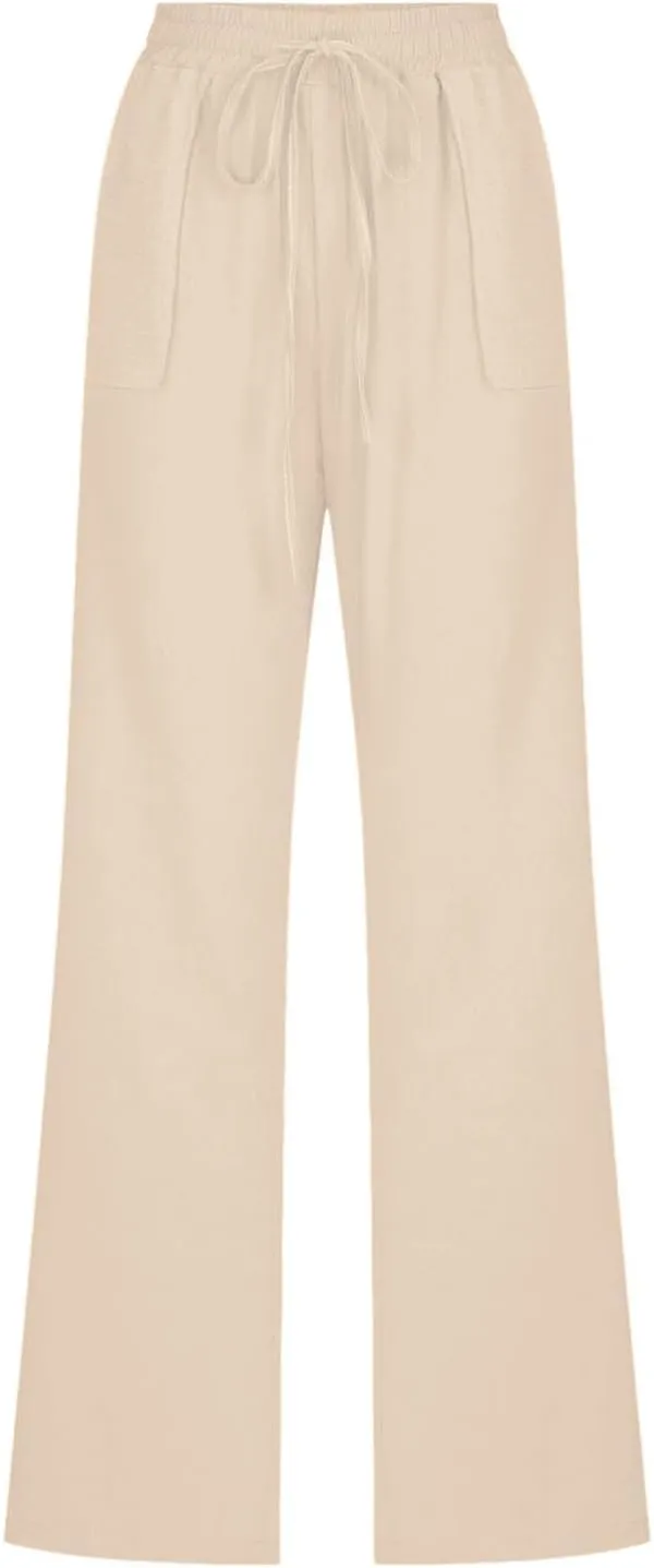 Linen Pants for Women Casual Relaxed Fit Elastic Waist Pant Straight Leg Drawstring Lounge Trousers with Pockets