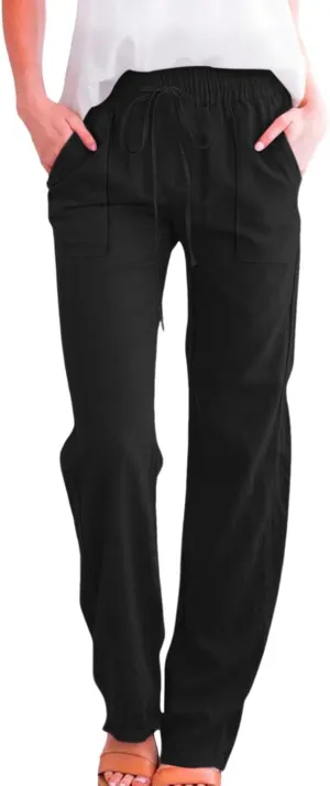 Linen Pants for Women Casual Relaxed Fit Elastic Waist Pant Straight Leg Drawstring Lounge Trousers with Pockets