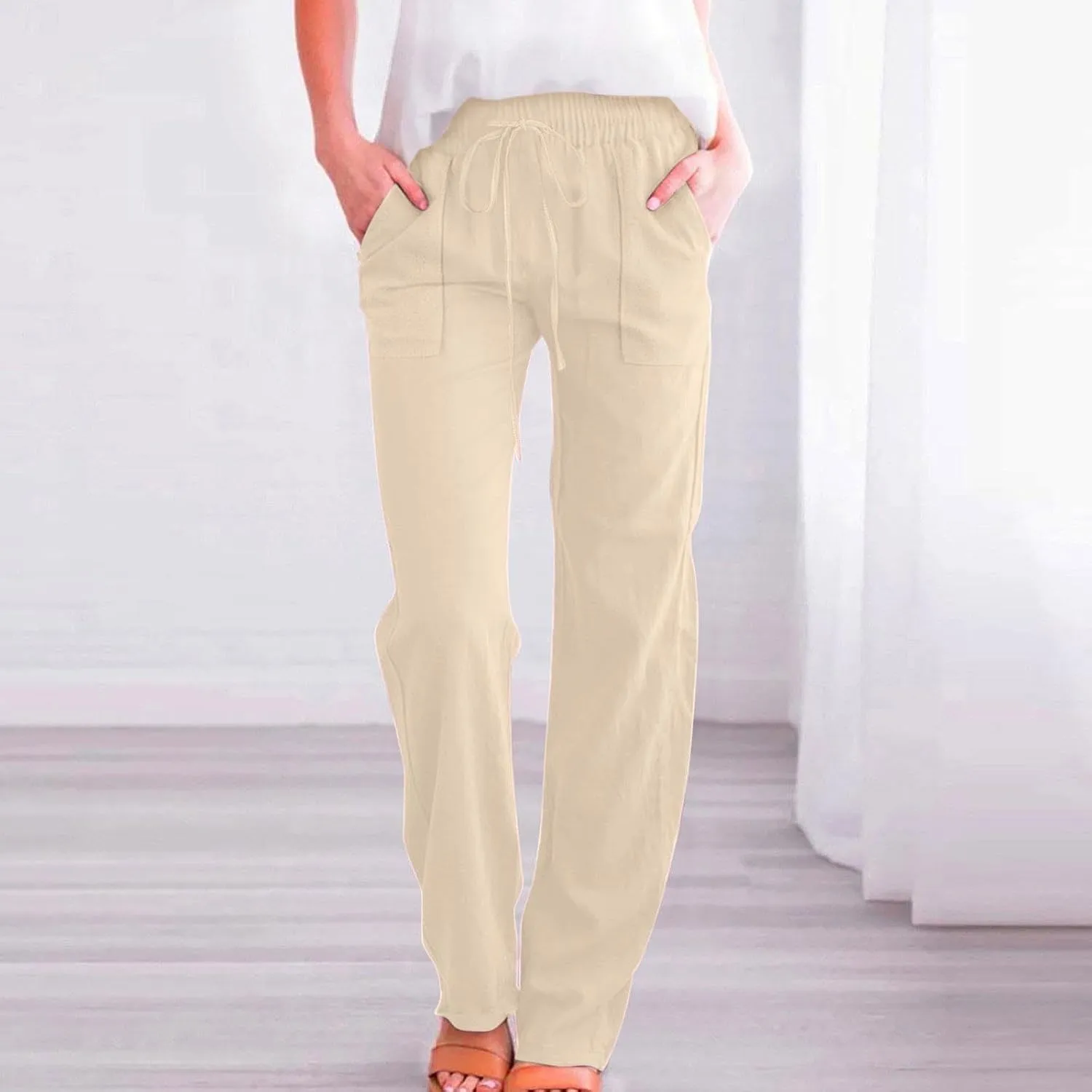 Linen Pants for Women Casual Relaxed Fit Elastic Waist Pant Straight Leg Drawstring Lounge Trousers with Pockets