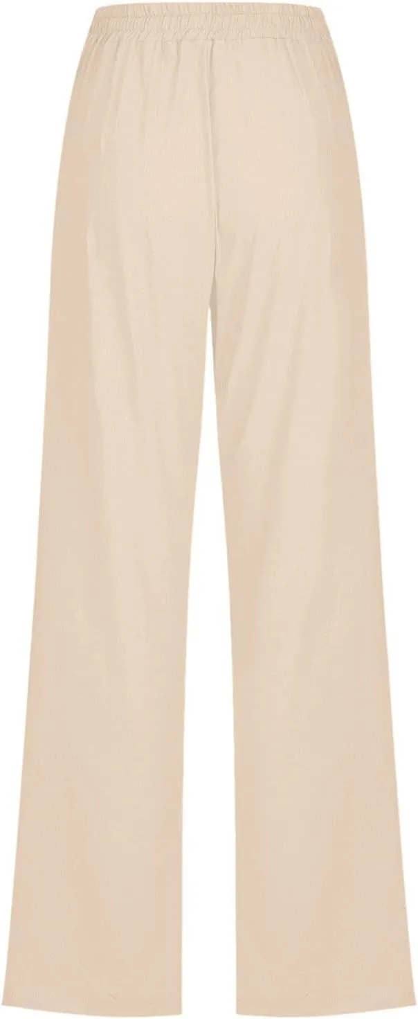 Linen Pants for Women Casual Relaxed Fit Elastic Waist Pant Straight Leg Drawstring Lounge Trousers with Pockets