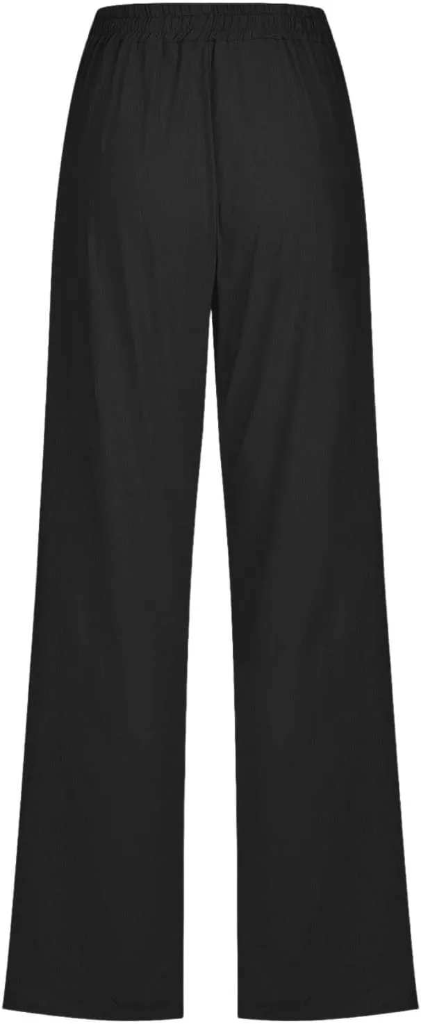 Linen Pants for Women Casual Relaxed Fit Elastic Waist Pant Straight Leg Drawstring Lounge Trousers with Pockets