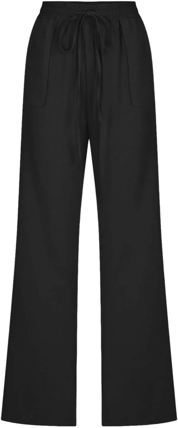 Linen Pants for Women Casual Relaxed Fit Elastic Waist Pant Straight Leg Drawstring Lounge Trousers with Pockets