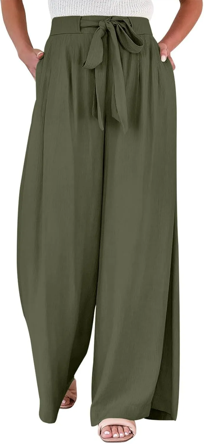 Linen Pants for Women Drawstring Paperbag High Waisted Wide Leg Palazzo Pants Dressy Work Trousers with Pockets