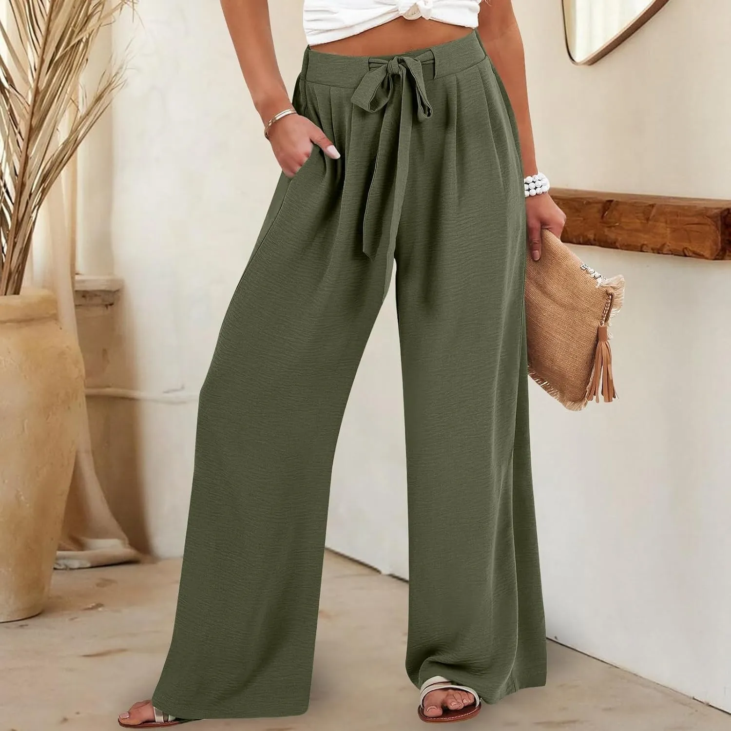 Linen Pants for Women Drawstring Paperbag High Waisted Wide Leg Palazzo Pants Dressy Work Trousers with Pockets