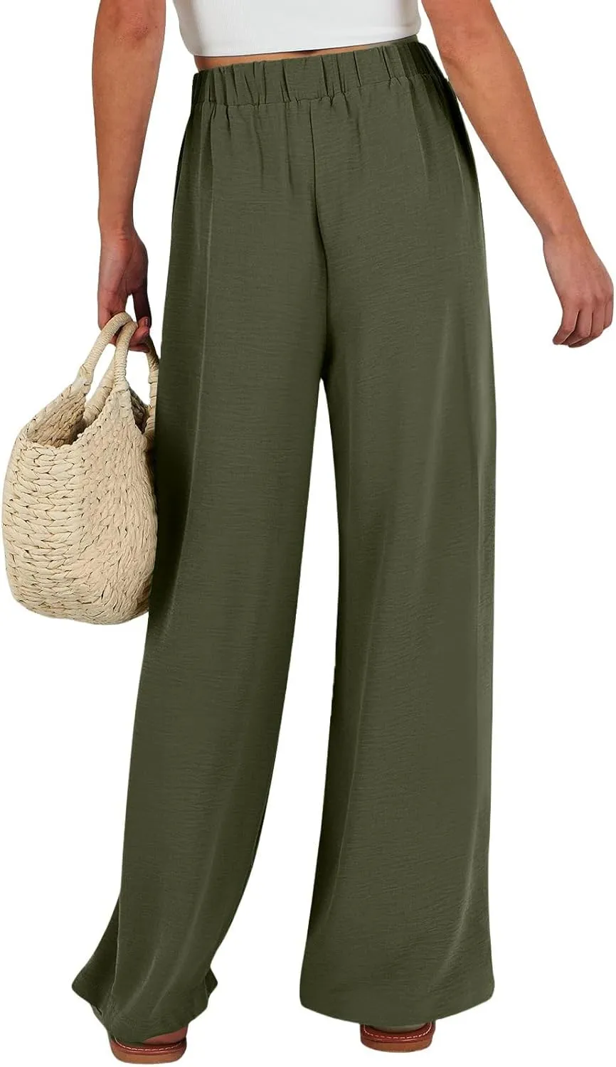 Linen Pants for Women Drawstring Paperbag High Waisted Wide Leg Palazzo Pants Dressy Work Trousers with Pockets