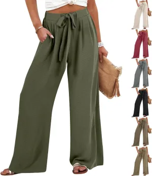 Linen Pants for Women Drawstring Paperbag High Waisted Wide Leg Palazzo Pants Dressy Work Trousers with Pockets