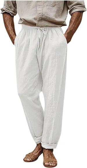 Linen Pants Men Drawstring Lightweight Beach Summer Yoga Pants Elastic Waist Slim Relaxed Fit Trousers with Pockets