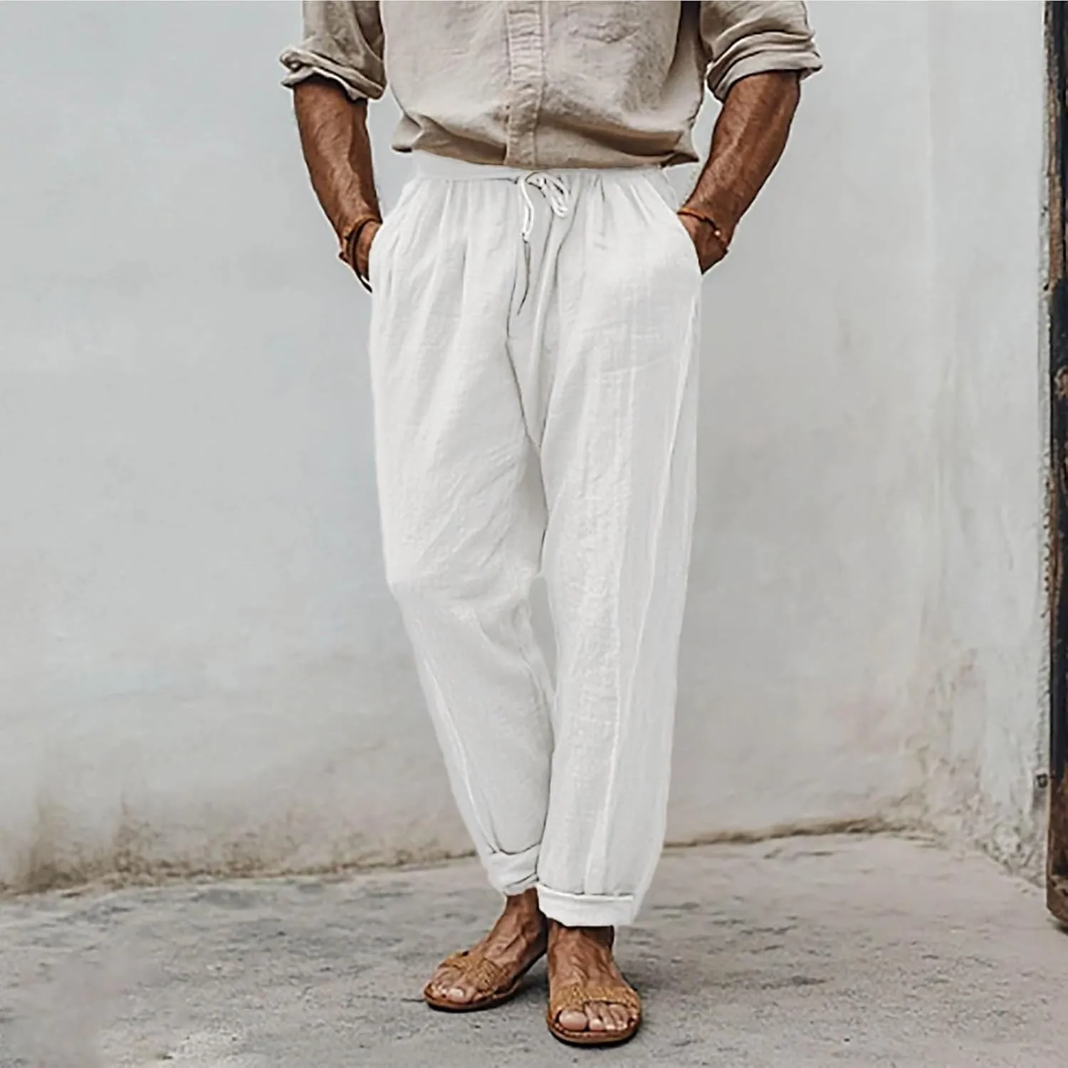 Linen Pants Men Drawstring Lightweight Beach Summer Yoga Pants Elastic Waist Slim Relaxed Fit Trousers with Pockets