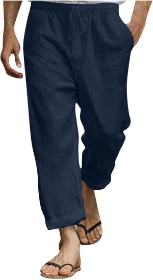 Linen Pants Men Long Relaxed Fit Elastic Waist Pants with Pockets Beach Yoga Travel Lounge Trousers for Summer