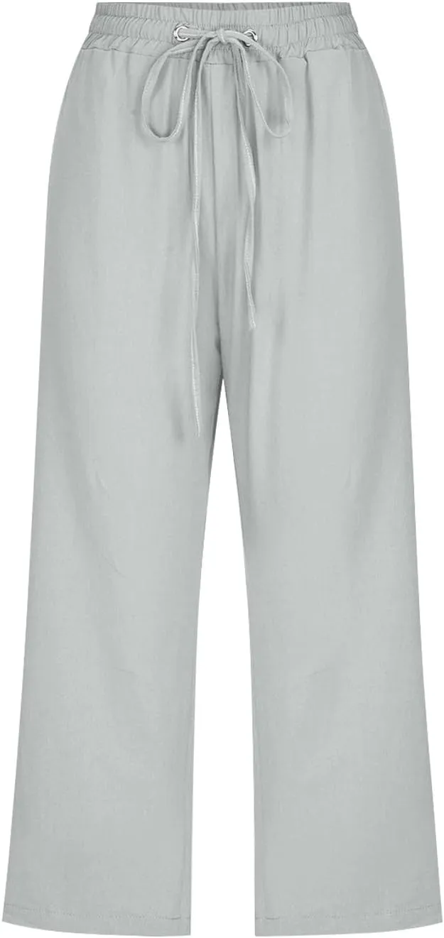 Linen Pants Women Summer Capri Pants Button Up Straight Leg Cropped Pants Elastic Waist Casual Pants Trousers Palazzo