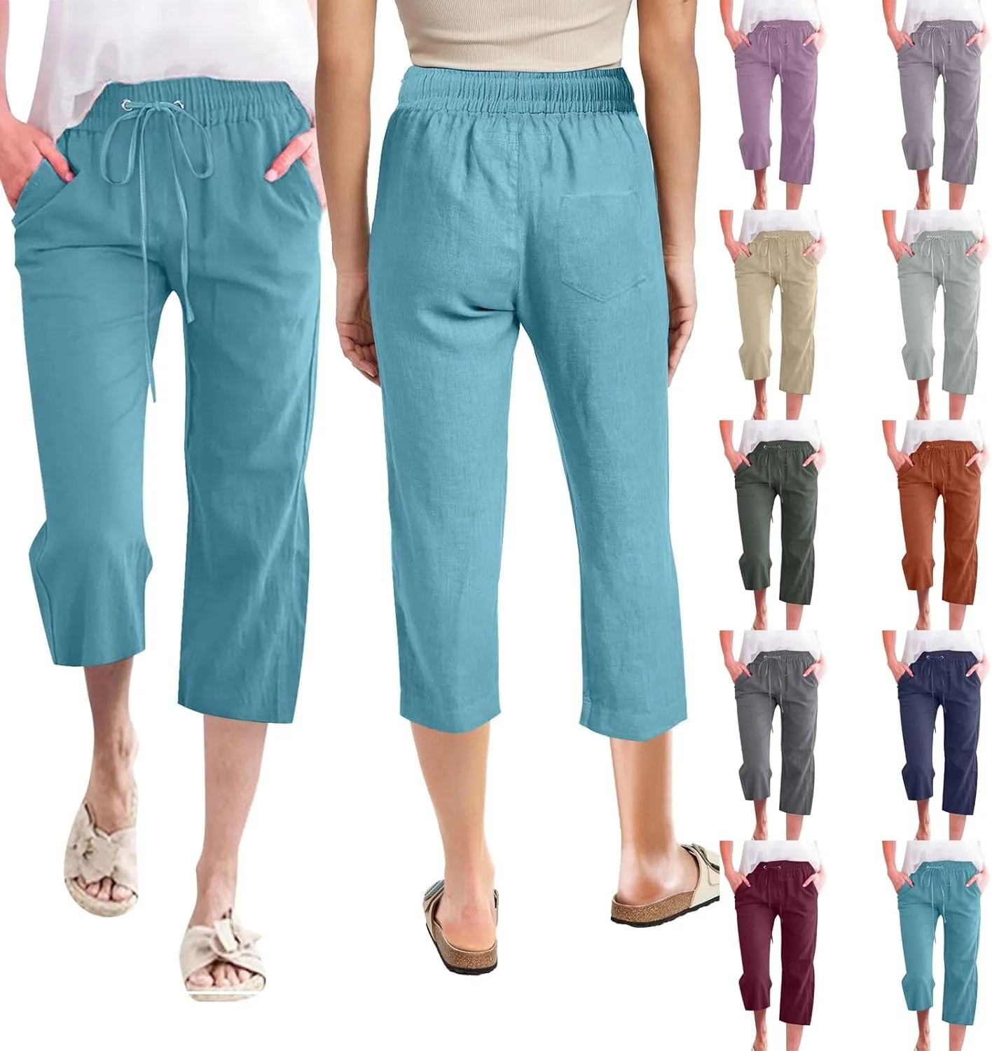 Linen Pants Women Summer Capri Pants Button Up Straight Leg Cropped Pants Elastic Waist Casual Pants Trousers Palazzo