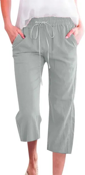 Linen Pants Women Summer Capri Pants Button Up Straight Leg Cropped Pants Elastic Waist Casual Pants Trousers Palazzo