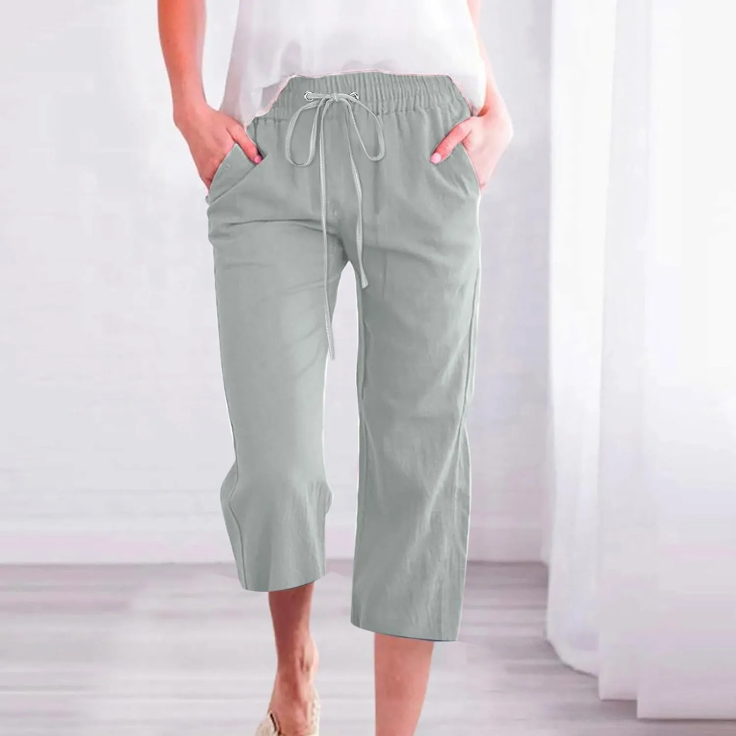 Linen Pants Women Summer Capri Pants Button Up Straight Leg Cropped Pants Elastic Waist Casual Pants Trousers Palazzo