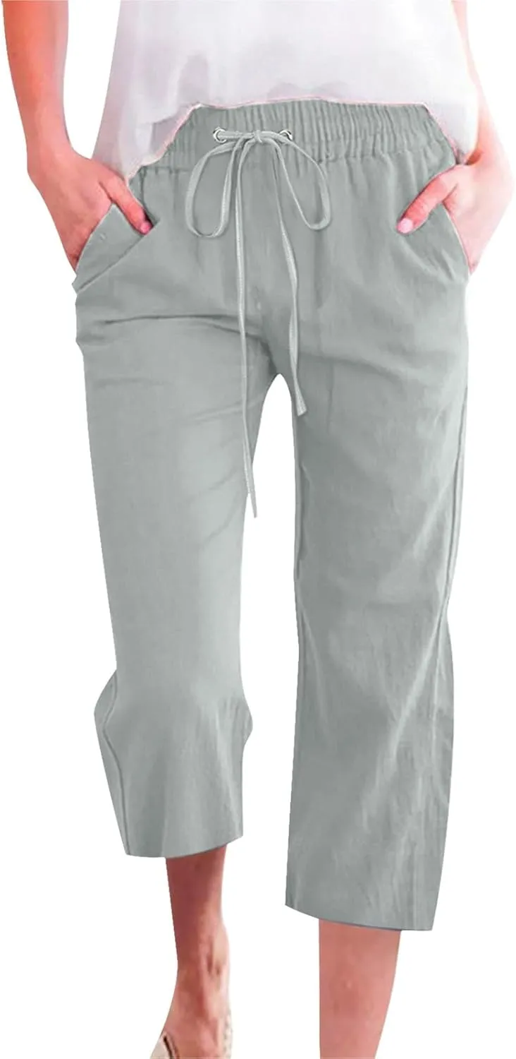 Linen Pants Women Summer Capri Pants Button Up Straight Leg Cropped Pants Elastic Waist Casual Pants Trousers Palazzo