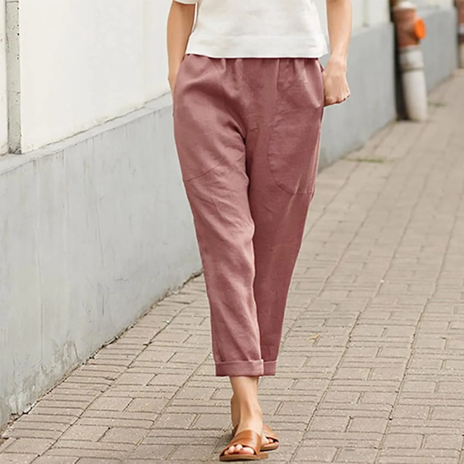 Linen Pants Women Summer Capri Pants with Pockets Wide Leg Ankle Cropped Pants for Women Women High Waisted Wide Leg