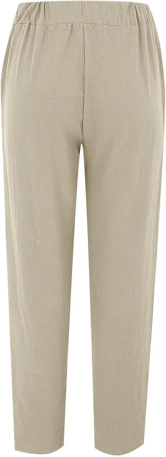 Linen Pants Women Summer Trendy Side Hollow Out Button Long Trousers Solid Color Lounge Harem Pants