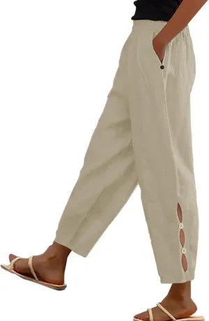Linen Pants Women Summer Trendy Side Hollow Out Button Long Trousers Solid Color Lounge Harem Pants