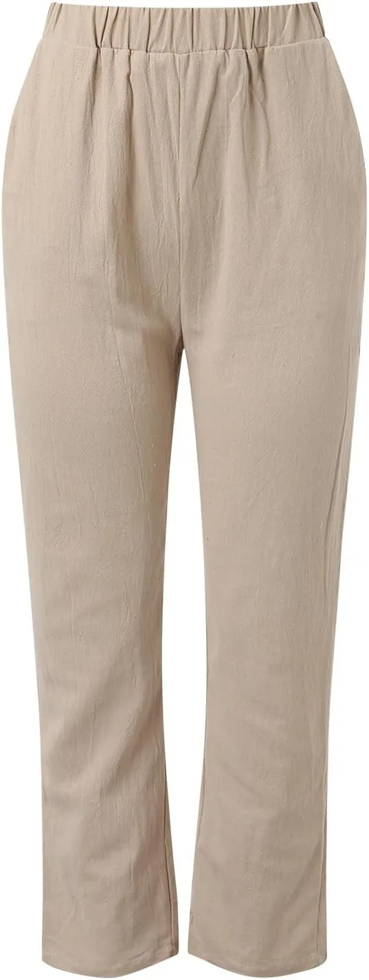 Linen Pants Women Summer Waist Cropped Trousers for Beach Casual Wear Women High Waisted Dress Pants Business Casual
