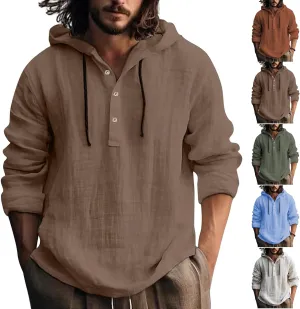 Linen Shirts for Men Lightweight Button Up Long Sleeve Shirts with Hood Loose Fit Breathable Boho Beach Linen Hoodie